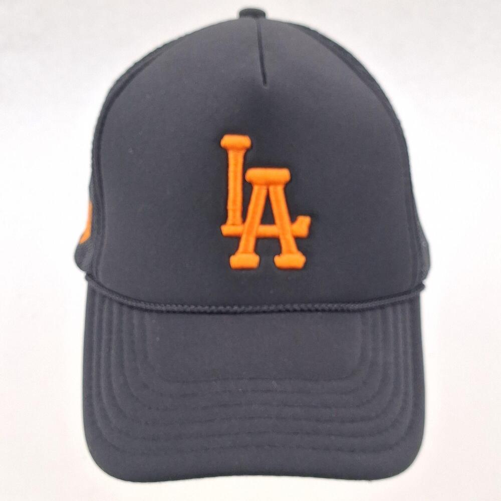 LA Hat Cap Snap Back Mens One Size Black Orange Team Logo Baseball OTTO Trucker